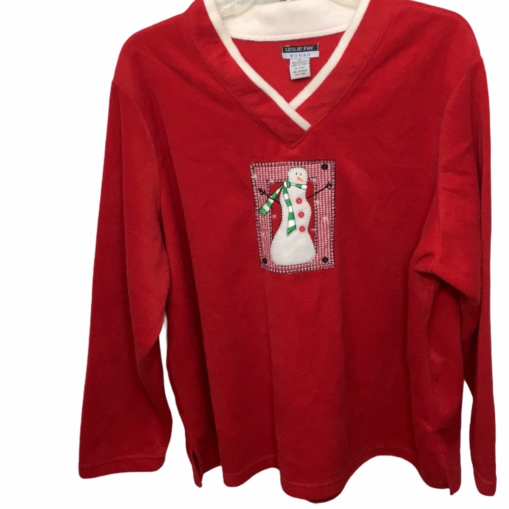 Leslie Fay V-Neck Snowman Pullover Fleece Top